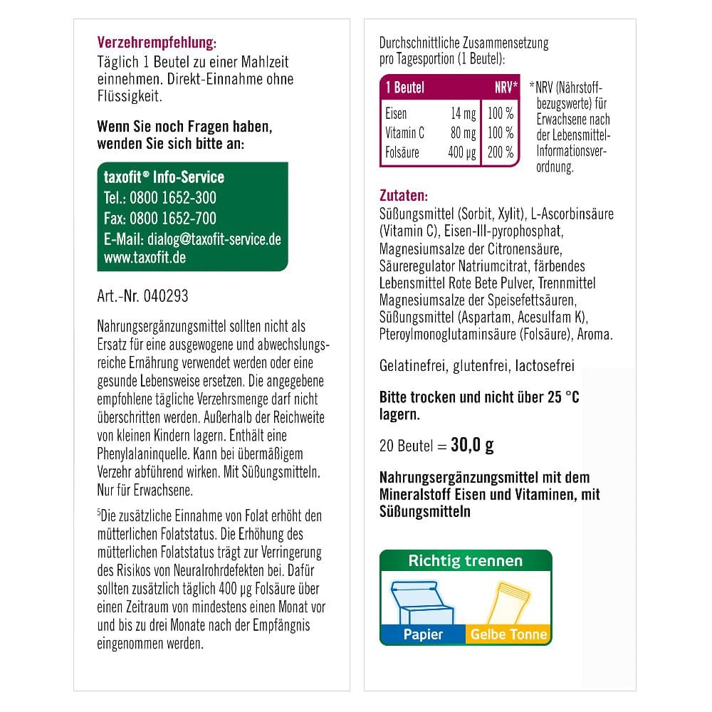 taxofit DIREKT Eisen + Vitamin C 20 St Granulat