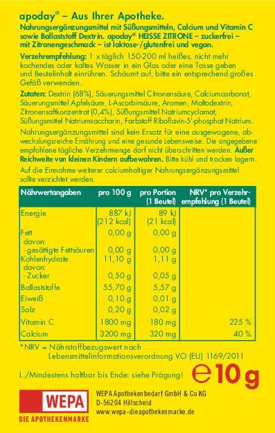APODAY heiße Zitrone Vitamin C und Calcium zuckerfrei Pulver 10X10 g Pulver