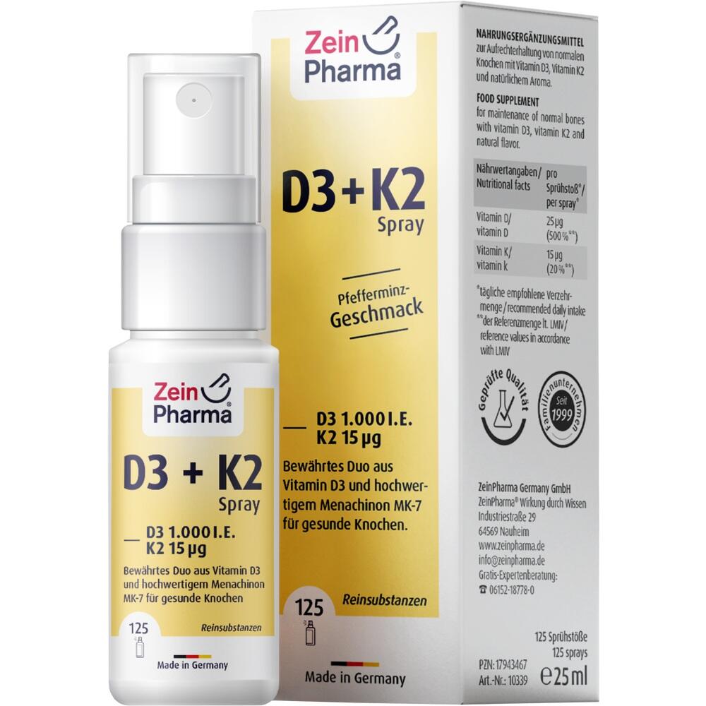 Zein Pharma VITAMIN D3+K2 Spray Pfefferminz-Geschmack 1.000 I.E. 15µg 25 ml Spray