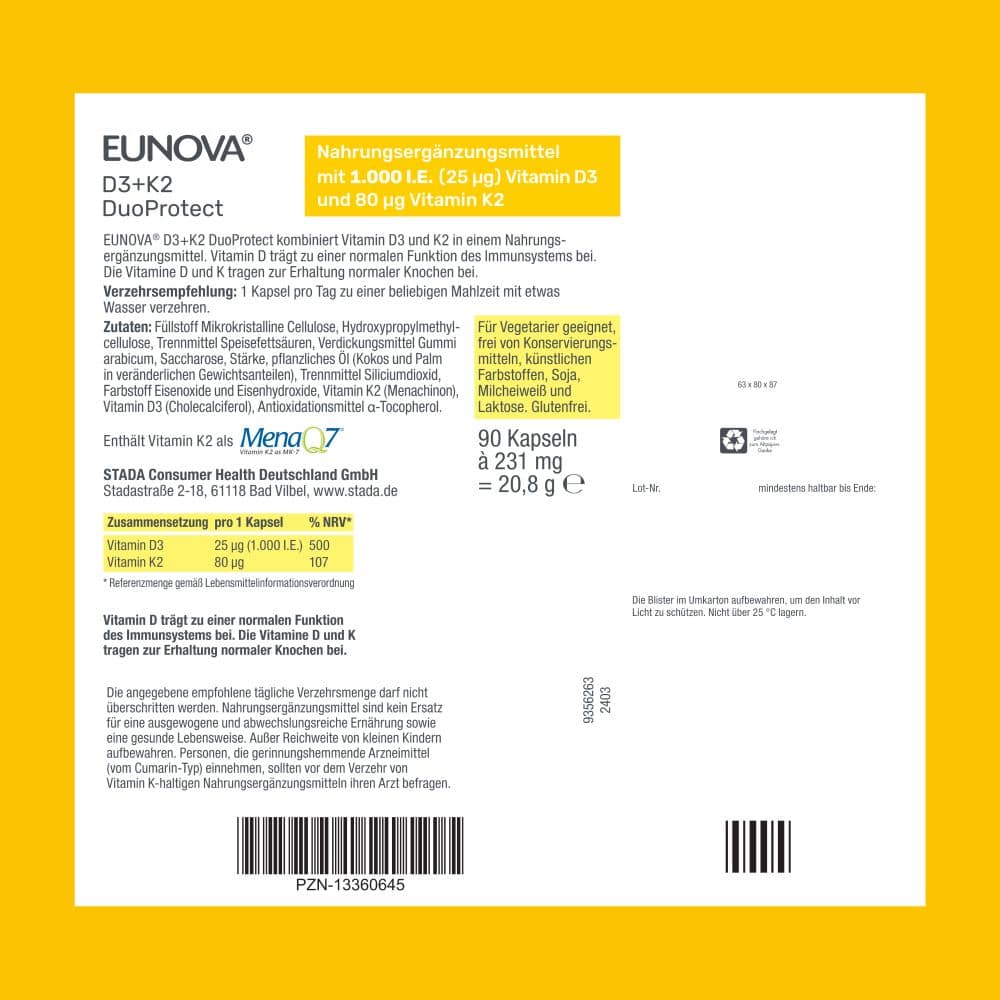 EUNOVA DuoProtect D3+K2 1000 I.E. 90 St Kapseln