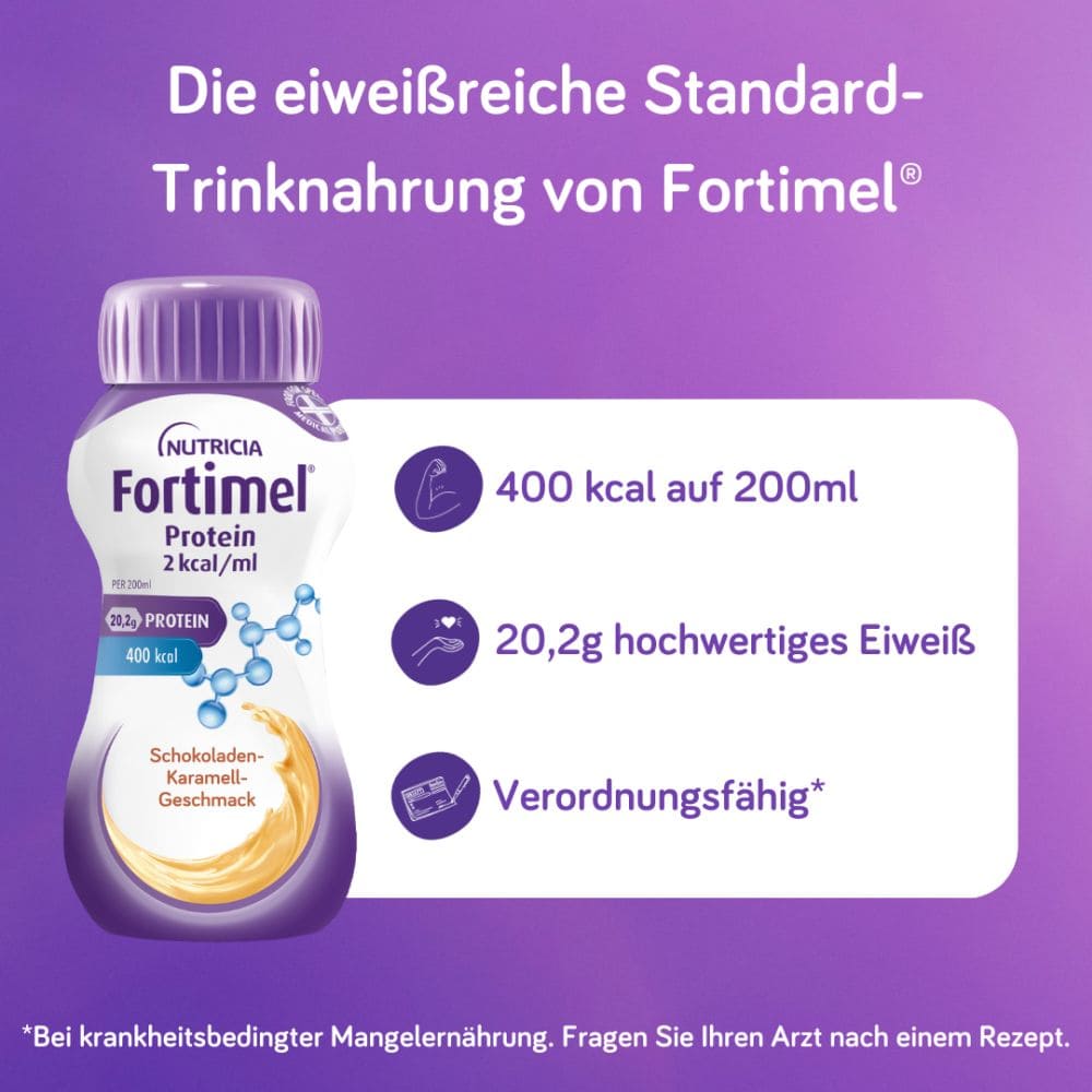 Fortimel Protein 2 kcal Schokolade-Karamell 4X200 ml Flüssigkeit