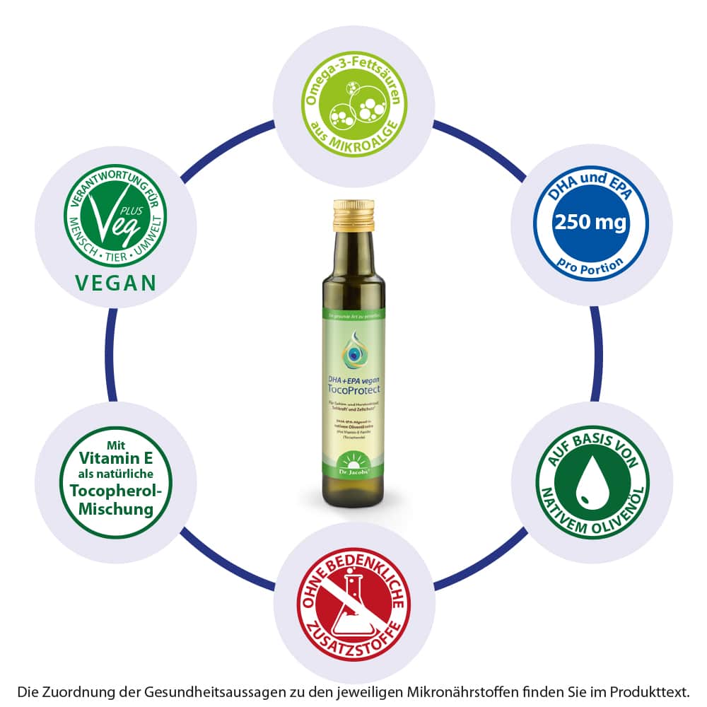 DHA + EPA vegan TocoProtect 250 ml Algenöl Olivenöl Omega-3