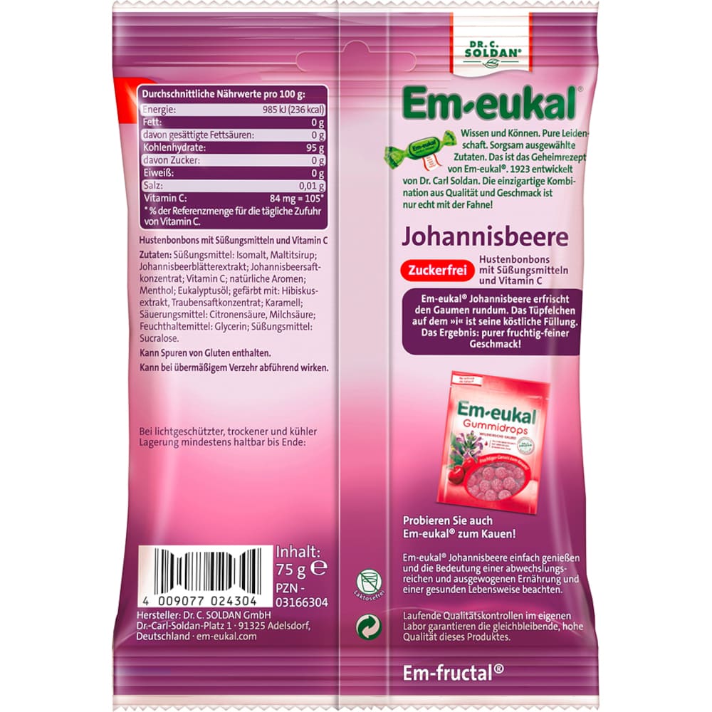 Em-eukal Johannisbeere gefüllt zuckerfei 75 g Bonbons