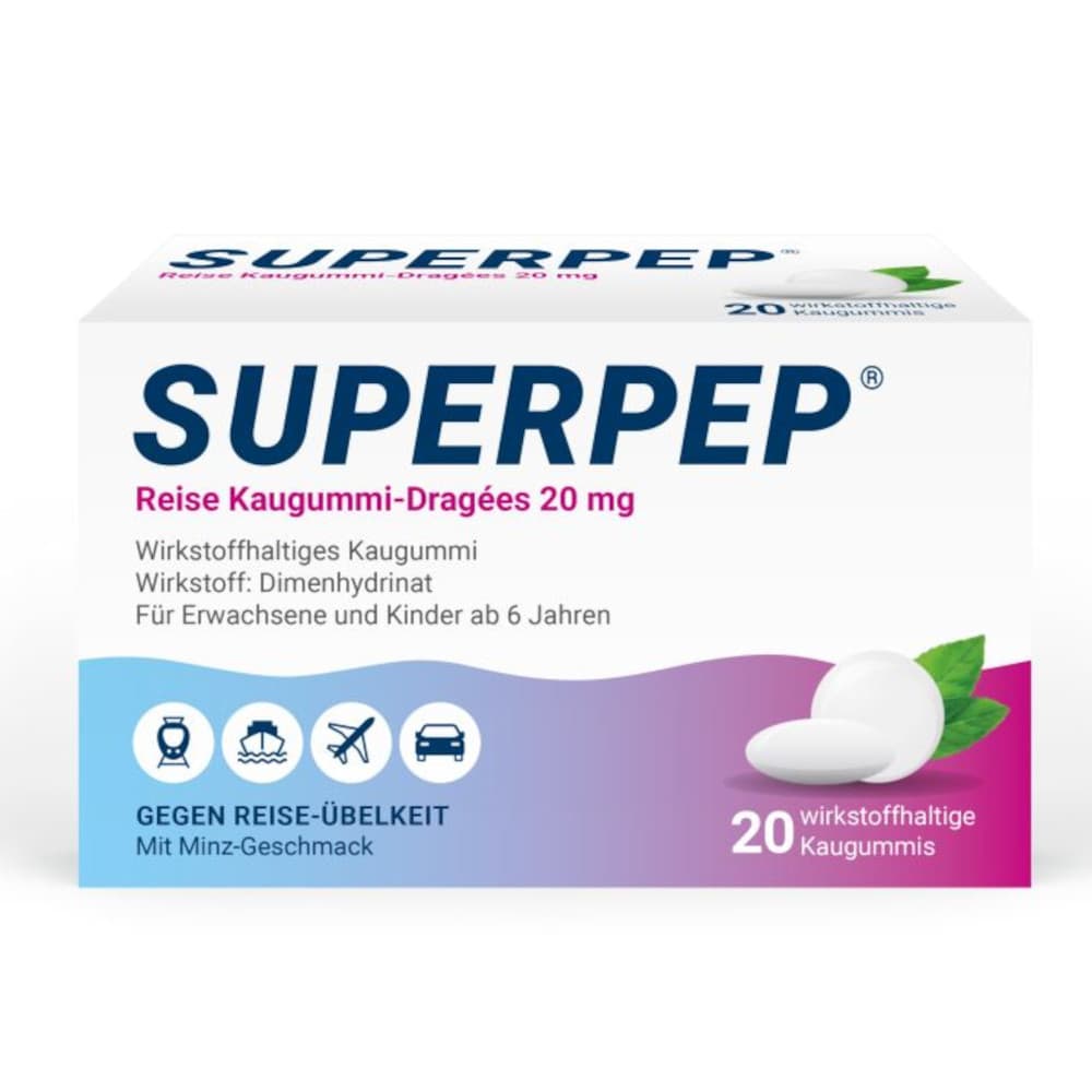SUPERPEP Reise Kaugummi-Dragees 20 mg 20 St Kaugummi