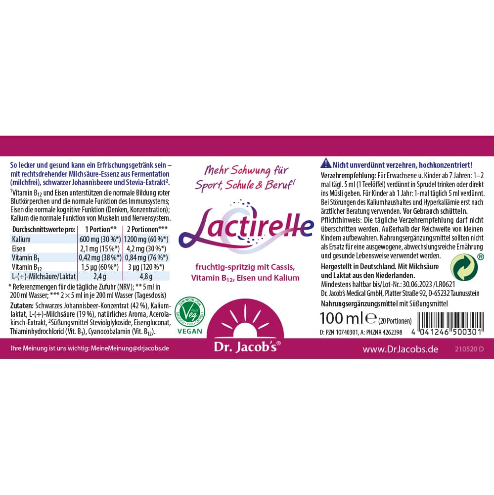 Dr. Jacob's Lactirelle Milchsäure-Cassis-Konzentrat Eisen