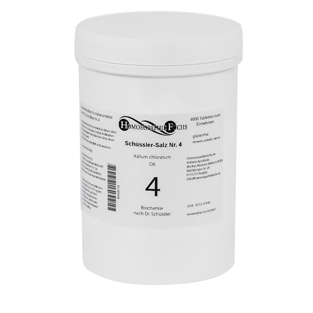 HOMOEOPATHIEFUCHS Schüssler-Salz Nummer 4 Kalium chloratum D6 Biochmie 4000 St Tabletten