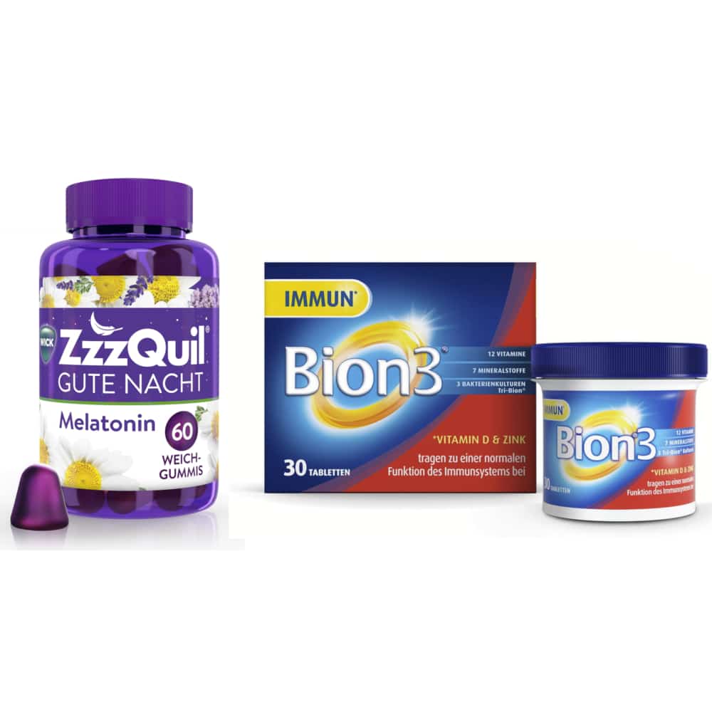 WICK ZzzQuil GUTE NACHT Melatonin Waldfruchtgeschmack + Bion 3 ENERGY Set 1 Sparset