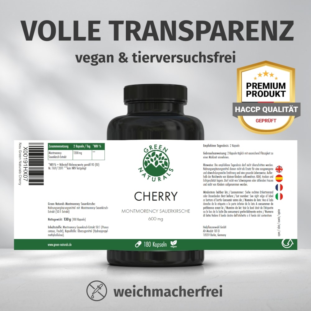 GREEN NATURALS Cherry Montmorency Sauerkirsche 1200mg vegan 180 St Kapseln