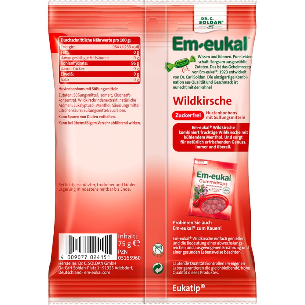 Em-eukal Wildkirsche zuckerfrei 75 g Bonbons