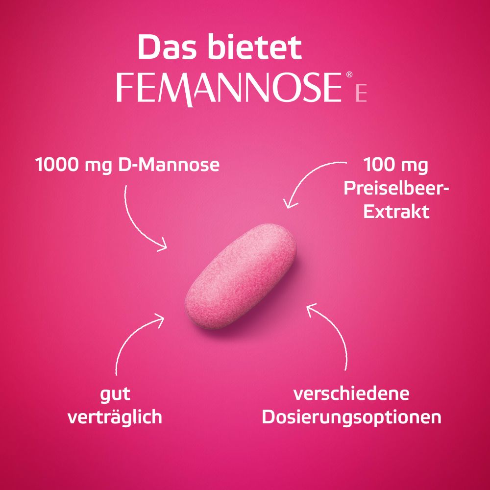 FEMMANOSE E– Tabletten mit je 1000 mg D-Mannose Pulver und 100 mg Preiselbeer-Extrakt 30 St Tabletten
