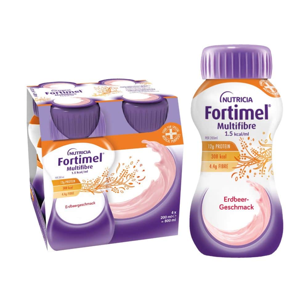 Fortimel Multifibre 1.5 kcal Erdbeergeschmack 4X200 ml Flüssigkeit | 4X200 ml Flüssigkeit | 28.18 EUR / 1000 Milliliter | 08712400154031
