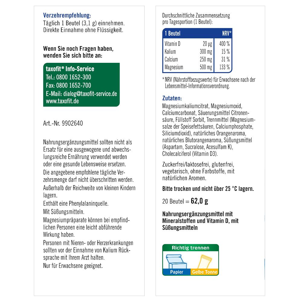 taxofit DIREKT Magnesium 500 + Calcium + Kalium 20 St Granulat
