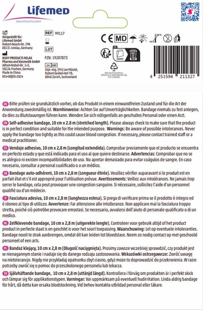Lifemed Selbsthaftende Bandage 10 cm x 2,8 m 1 St Bandage