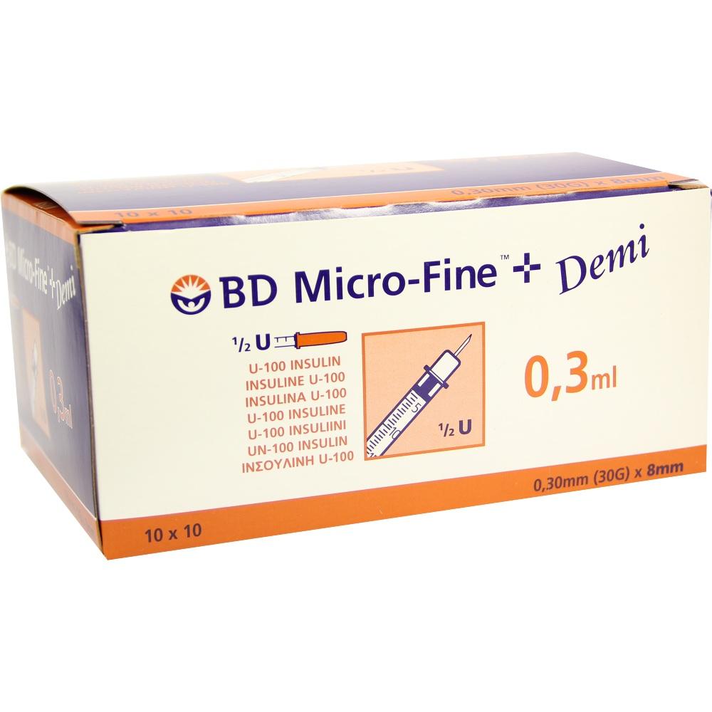 BD Micro-Fine+ Demi Insulinspritzen 0,3ml U100 0,3x8mm 100 St Spritzen