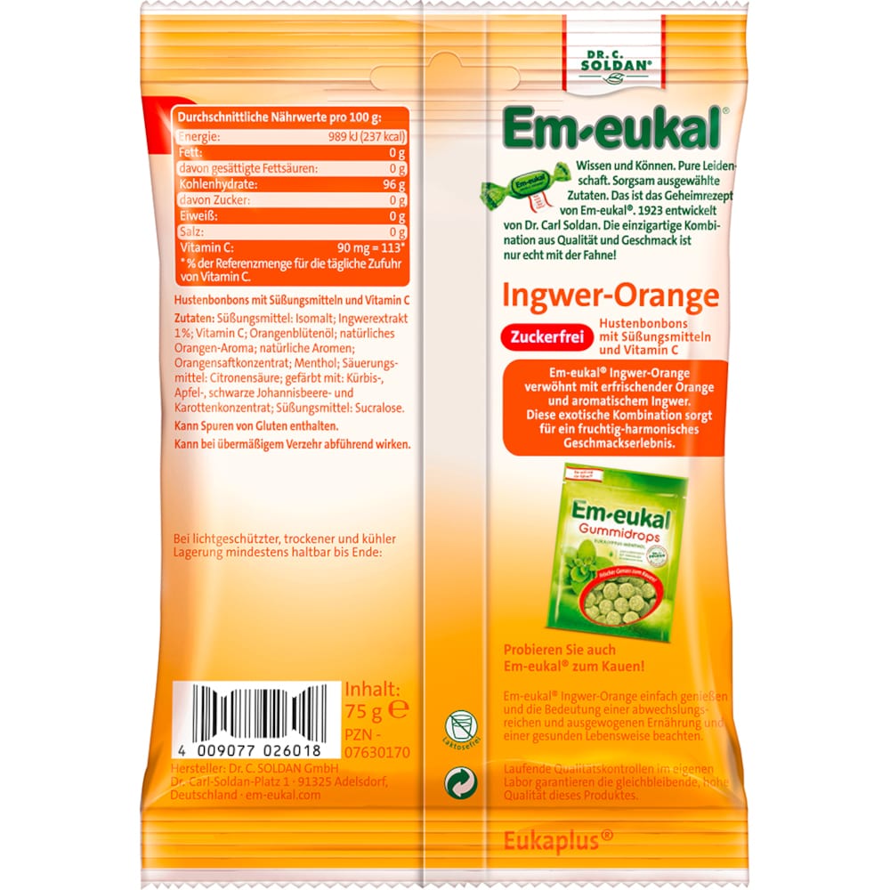 Em-eukal Ingwer-Orange zuckerfrei 75 g Bonbons