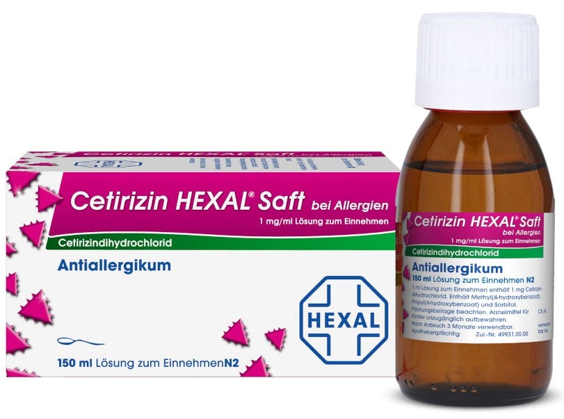 Cetirizin HEXAL  Saft bei Allergien 1mg/ml 150 ml Lösung zum Einnehmen