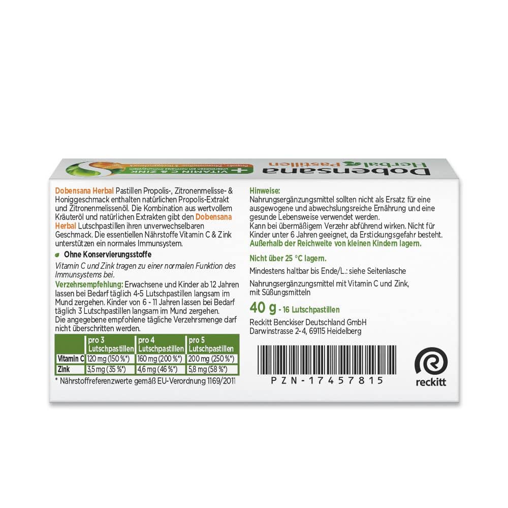 Dobensana Herbal + VITAMIN C & ZINK Honiggeschmack 16 St Lutschpastillen Dobensana Herbal + VITAMIN C & ZINK Honiggeschmack 16 St Lutschpastillen
