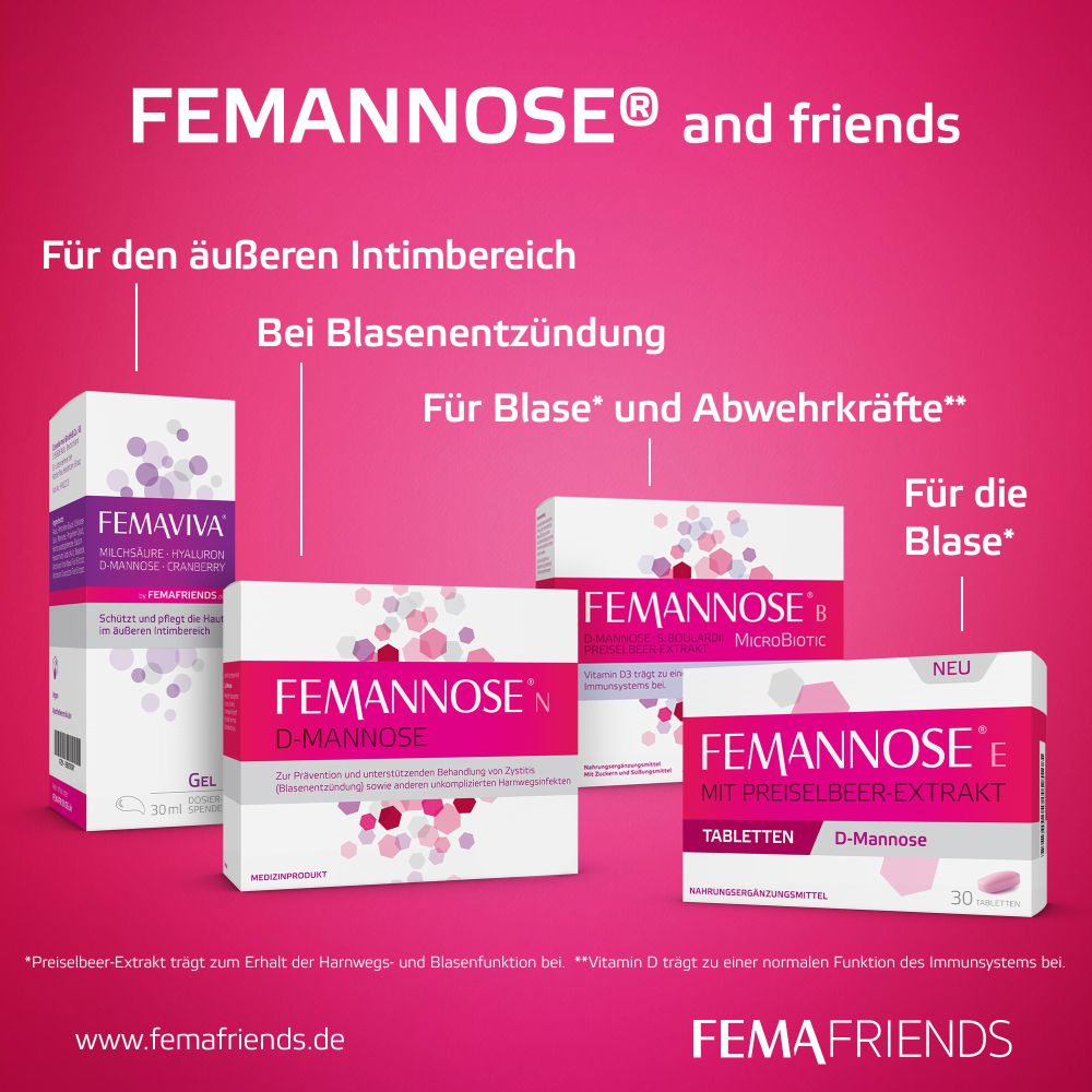 FEMMANOSE E– Tabletten mit je 1000 mg D-Mannose Pulver und 100 mg Preiselbeer-Extrakt 30 St Tabletten