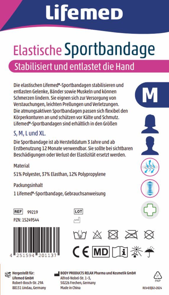 LifemeD Elastische Sportbandage Handstütze M 1 St Bandage