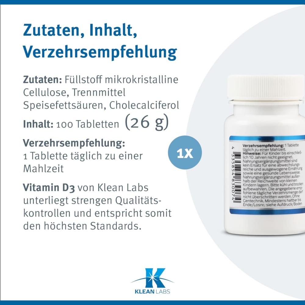 KLEAN LABS VITAMIN D3 1000 I.E.  100 St Tabletten