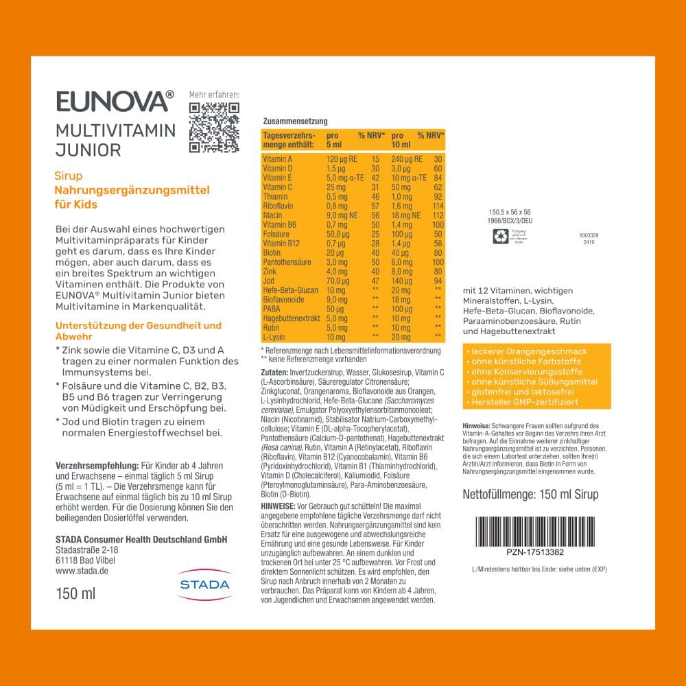 EUNOVA Junior MULTIVITAMINE FÜR KIDS 150 ml Sirup